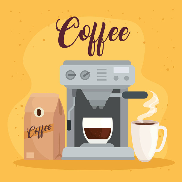 kávéfőzési módszerek, kávéfőzővel és csészekerámiával ellátott zsák - Vektor, kép