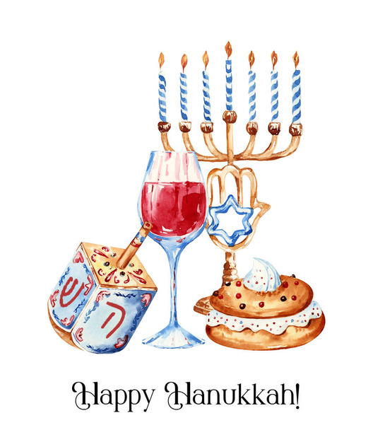 Joodse vakantie Chanoeka spandoek ontwerp met menorah, dreidel, traditionele bakkerij. Joods hanukkah frame. Gelukkig Chanoeka wenskaart sjabloon.  - Foto, afbeelding