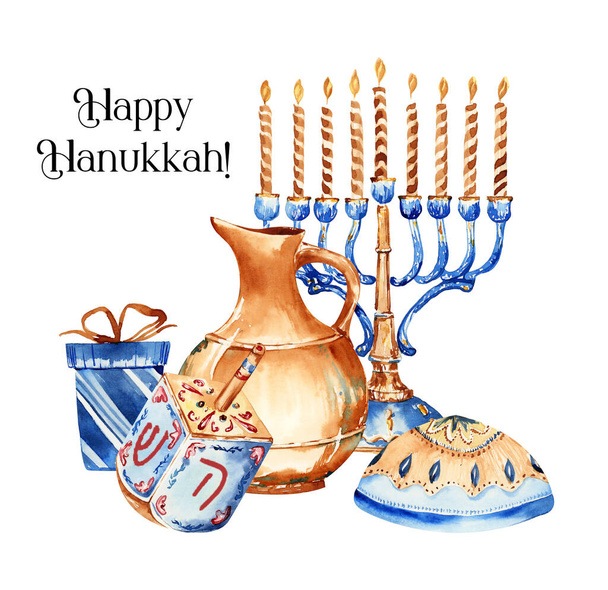 Jewish holiday Hanukkah banner design with menorah, dreidel, traditional bakery. Jewish hanukkah frame. Happy Hanukkah greeting card template.  - Photo, Image