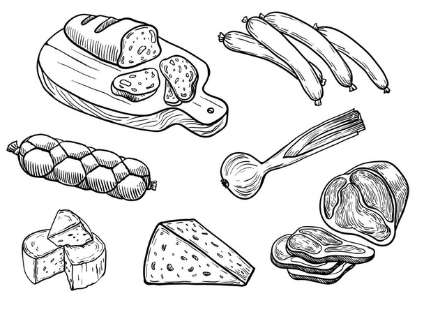 ingredients for preparing various dishes and table setting. natural products. set of sketches on a white background - Vector, Imagen