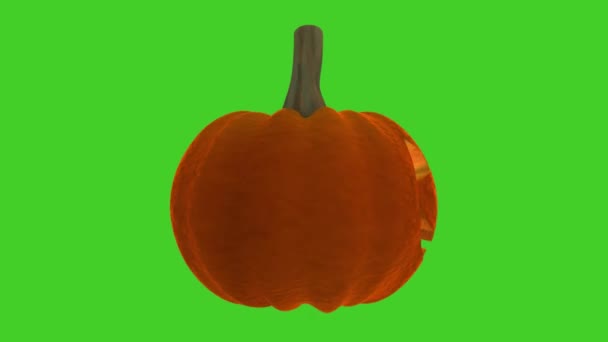 Calabaza divertida de Halloween girando sobre un fondo verde - Metraje, vídeo