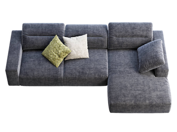 Sofá moderno tecido azul escuro com encosto ajustável. Têxtil estofos chaise lounge sofá com travesseiros sobre fundo branco. Moderno, Loft, interior escandinavo. Renderização 3d - Foto, Imagem
