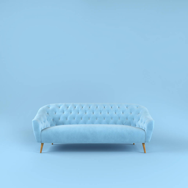 Sofá elegante de tela azul con patas de madera sobre fondo azul con sombra. Muebles individuales cómodos de moda. Interior azul, sala de exposición. Vilyura, sofá de terciopelo. Sofá de lujo vista frontal - Foto, Imagen