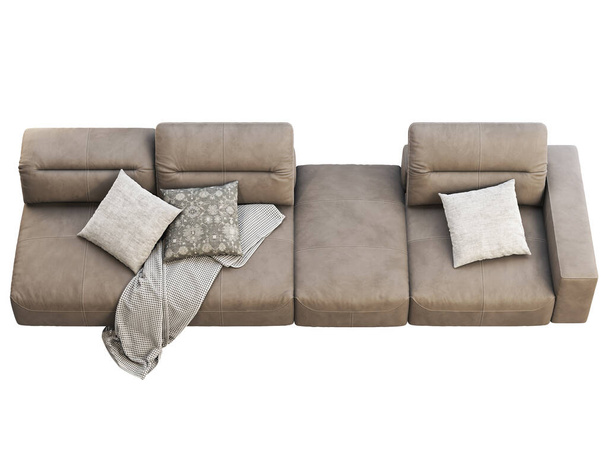 Сучасний коричневий шкіряний диван з регульованим заднім сидінням. Шкіряний оббивний диван з подушкою і штукатуркою на білому тлі. Сучасний, Лофт, скандинавський інтер'єр. 3d рендеринг - Фото, зображення