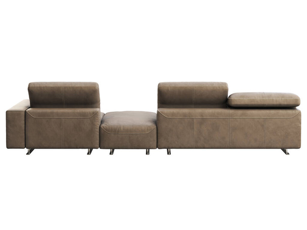 Μοντέρνος καφέ δερμάτινος καναπές με ρυθμιζόμενη πλάτη. Δερμάτινος καναπές ταπετσαρίας με μαξιλάρι και καρό σε λευκό φόντο. Μοντέρνο, Loft, Σκανδιναβικό εσωτερικό. 3d απόδοση - Φωτογραφία, εικόνα