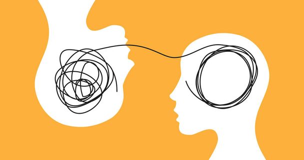 Two human or female heads with a thread between them. Psychotherapy session concept. Psychological support, help concept. Mental disorder treatment concept. Depressed person treatment. Vector - Vector, Image