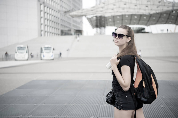Always have backpack ready to go. Sensual girl carry travel backpack. Sexy tourist travel with backpack. City sightseeing trip. Summer vacation. Travelling and wanderlust. Take backpack to city tour - Foto, Imagen