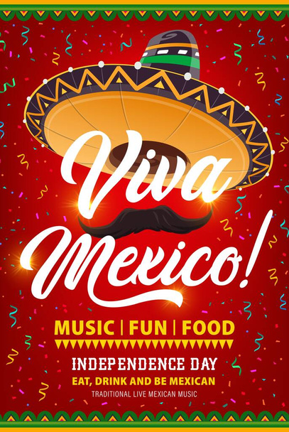 Viva Mexico vector flyer με μεξικάνικο σομπρέρο, μουστάκια και κομφετί. Ημέρα Ανεξαρτησίας. Αφίσα κινουμένων σχεδίων για το φεστιβάλ παραδοσιακής μουσικής και φαγητού, εορταστικό πάρτι Λατινικής κουλτούρας - Διάνυσμα, εικόνα