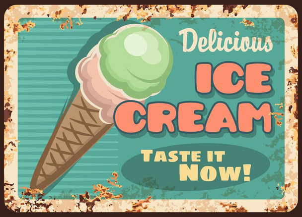 Ice cream parlor rusty metal plate. Pistachio and raspberry gelato balls in waffle cone vector. Ice cream shop retro banner, cafe frozen dessert sign with rusty scratches and typography - Vector, Image