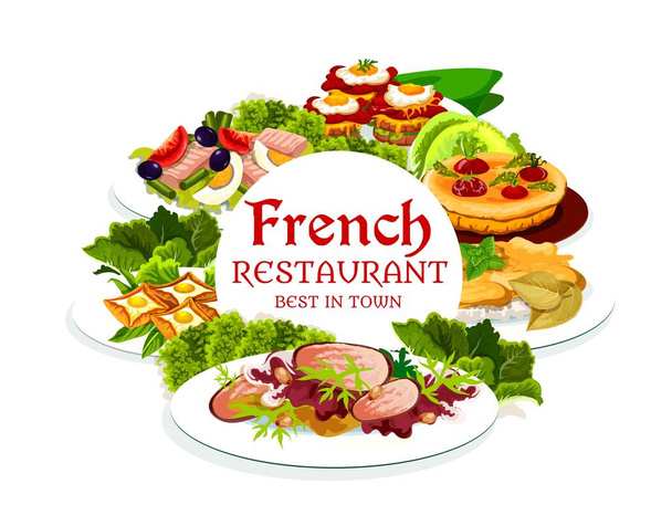 Γαλλική κουζίνα, vector breton τηγανίτες, λάχανο γεμιστό με κρέας, κις με ντομάτες, κροκ σάντουιτς μαντάμ, τονοσαλάτα με ντομάτα, ελιές και αυγά. Γαλλικά γεύματα, πιάτα τροφίμων στρογγυλό πλαίσιο, αφίσα - Διάνυσμα, εικόνα