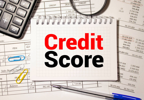 CREDIT SCORE CONCEPT ON NOTEBOOK WITH document BACKGROUND. - 写真・画像