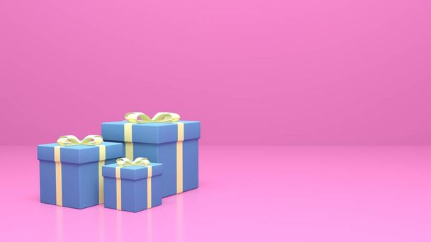 Kék karácsonyi ajándékdobozok rózsaszín háttérrel. Ideális karácsonyi és újévi képeslapok vagy plakátok készítéséhez. Elszigetelt háttér. - Fotó, kép