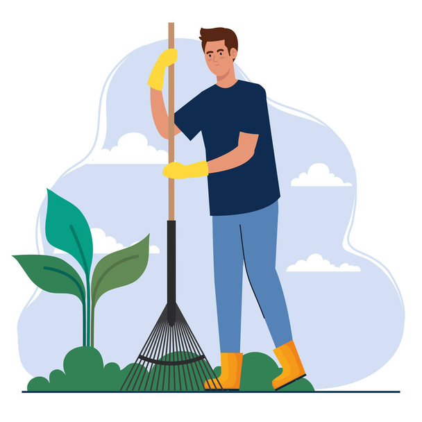 Jardinería hombre con diseño de rastrillo y vector de plantas - Vector, Imagen