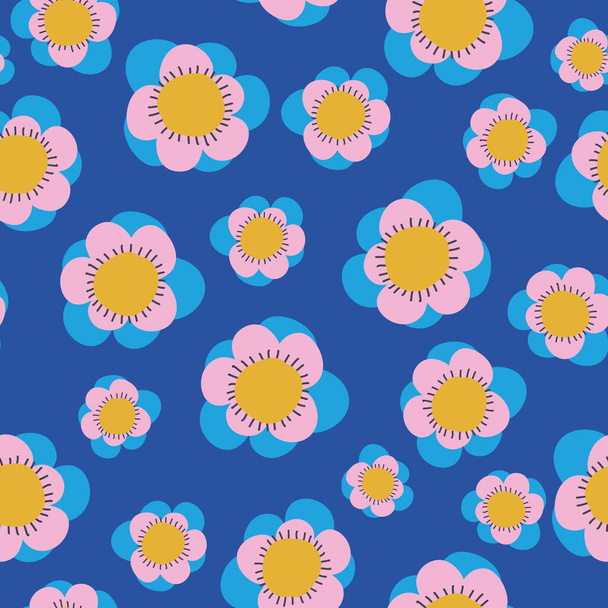 Blue with whimsical funky florals seamless pattern background design. - Vector, Image
