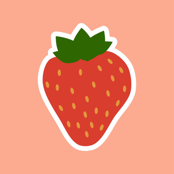 Vector plano fresa. Icono plano de fresa roja con inscripción vector colorido ilustración de alimentos ecológicos aislados en el fondo de color. - Vector, imagen
