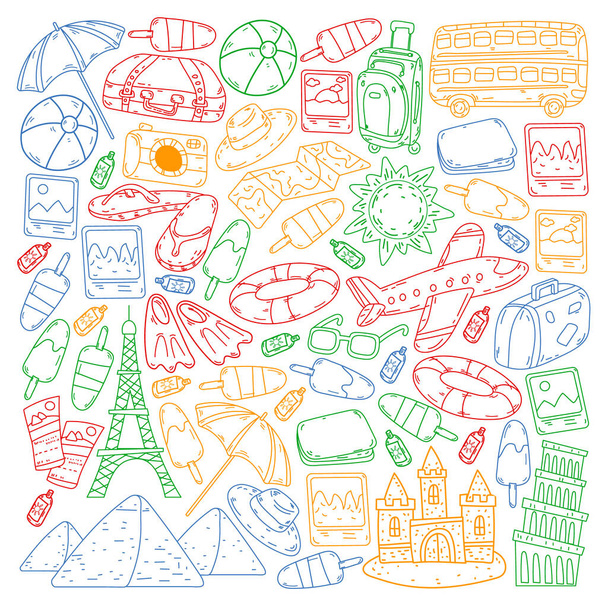 Vector pattern with travel icons. Great vacation, holidays. Hot air balloon, suitcase. Adventures and travel - Вектор,изображение