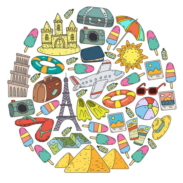 Vector pattern with travel icons. Great vacation, holidays. Hot air balloon, suitcase. Adventures and travel - Vetor, Imagem