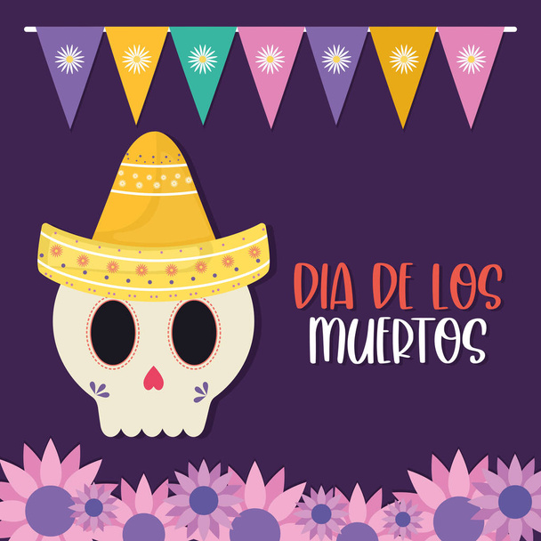 Mexican day of the dead skull with hat and flowers vector design - Vector, Image
