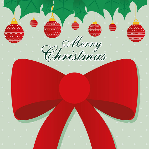 merry christmas bowtie with spheres hanging vector design - Vector, Image