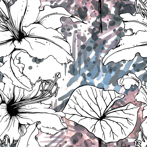 Floral Black White Pattern. Modern Watercolor - Вектор,изображение