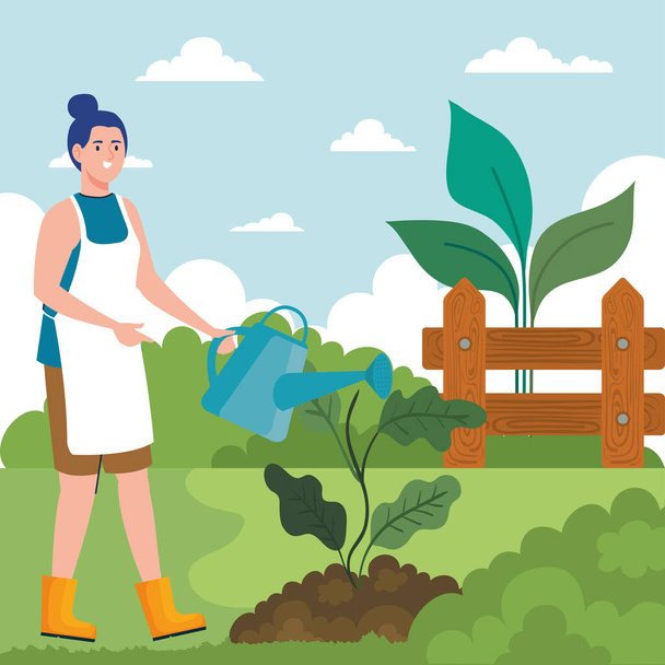 Κηπουρική γυναίκα με πότισμα μπορεί και φυτό διανυσματικό σχεδιασμό - Διάνυσμα, εικόνα