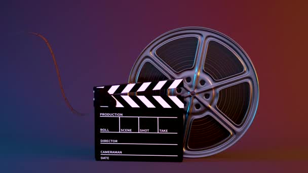 Clapper board en roterende film tape, 3d rendering. - Video