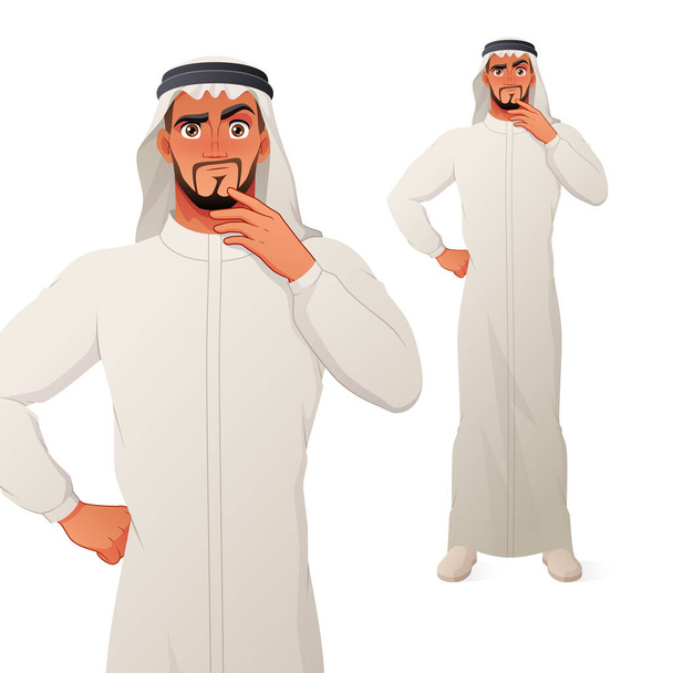 Arab férfi, kezével az állán gondolkodik. Vektor rajzfilmfigura. - Vektor, kép