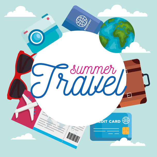 summer and travel icon set circle vector design - Vector, Image