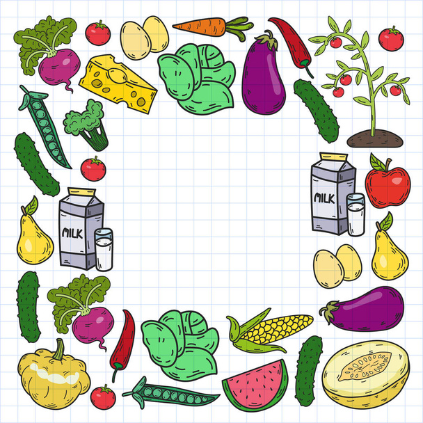 Vector pattern. Healthy eco organic food. Vegetables, fruits dairy milk - Vektori, kuva