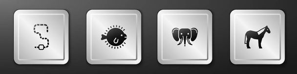 Set Worm, Puffer fish, Elephant and Horse icon. Stříbrný knoflík. Vektor. - Vektor, obrázek