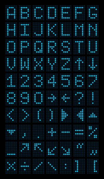 Latin letters, numbers, punctuation and spelling marks in the form of an electronic tableau in a blue glow. Vector illustration. - Wektor, obraz