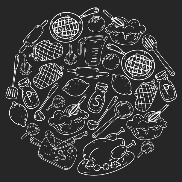 Vector sketch background with kitchen utensils, vegetables, cooking, products kitchenware - Διάνυσμα, εικόνα