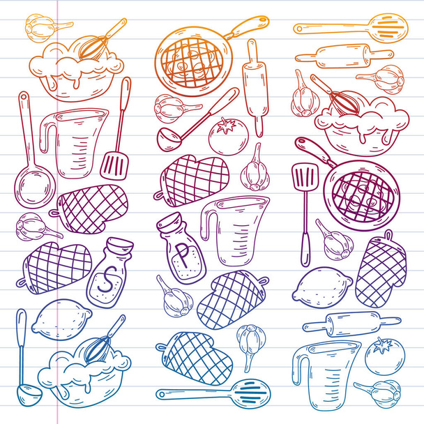 Vector sketch background with kitchen utensils, vegetables, cooking, products kitchenware - ベクター画像