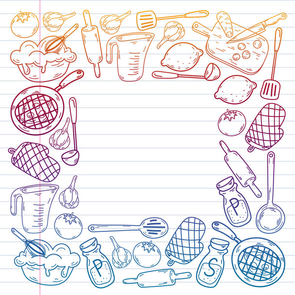 Vector sketch background with kitchen utensils, vegetables, cooking, products kitchenware - Vector, imagen