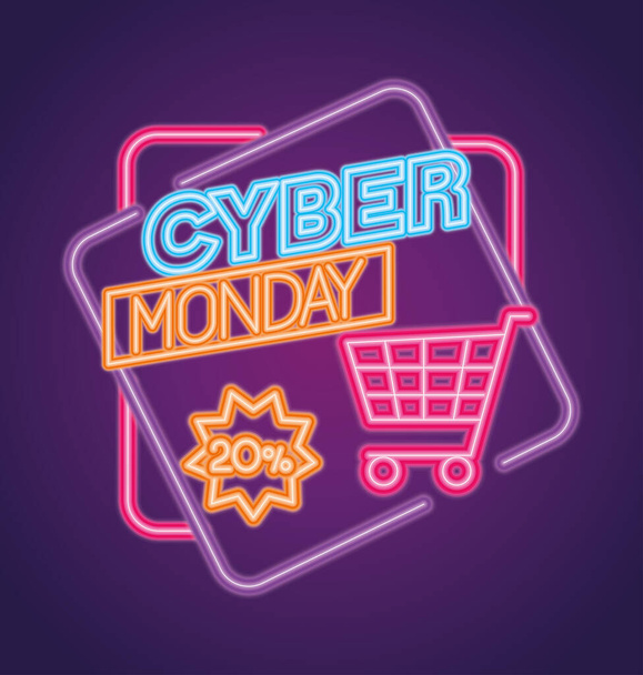 cyber monday neon with cart vector design - Διάνυσμα, εικόνα