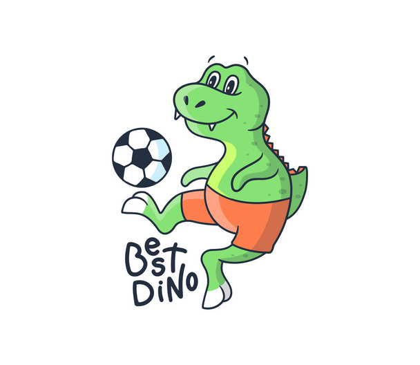 面白いディノ少年がサッカーをしている。ボールとレタリングフレーズと漫画風のスポーツ恐竜-ベストディノ。Tシャツ、布のデザイン、ステッカーなどのために良い。ベクターイラスト  - ベクター画像