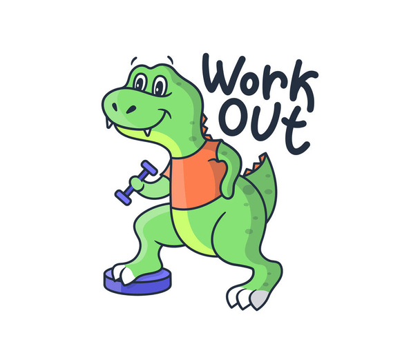 Dinosaurio deportivo de dibujos animados con una frase de letras - Ejercicio. El chico dino verde con una camiseta naranja levanta una mancuerna. Bueno para diseños de tela, pegatinas, etc. Ilustración vectorial  - Vector, imagen