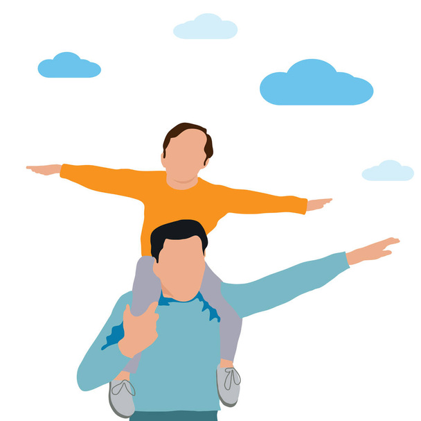 illustrazione vettoriale di una famiglia felice. Padre e figlio sulle spalle del padre - Vettoriali, immagini