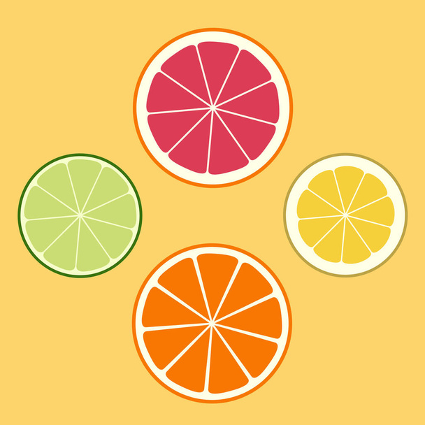 Citrus logo, icon, emblem. Lemon, lime, orange, grapefruit. Juicy set of slices of different fruits. Flat design Vector Illustration - Διάνυσμα, εικόνα