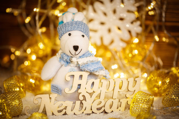 Happy New Year words. Christmas card. Winter background. Cute Christmas still life - Photo, Image