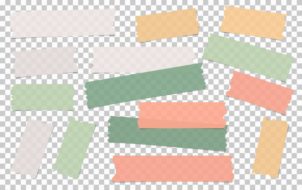 Set van witte en kleurrijke verschillende grootte lijm, kleverig, maskeren, duct tape, papieren stukken zijn op vierkante transparante achtergrond - Vector, afbeelding
