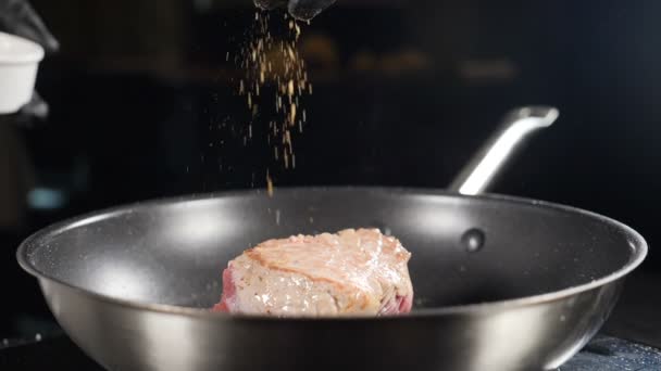 Vídeo de comida e processo de cozinha filmado em câmera lenta. Chef tempero carne na frigideira com páprica e ervas. prato delicioso sendo cozido na cozinha do restaurante. hd completo - Filmagem, Vídeo