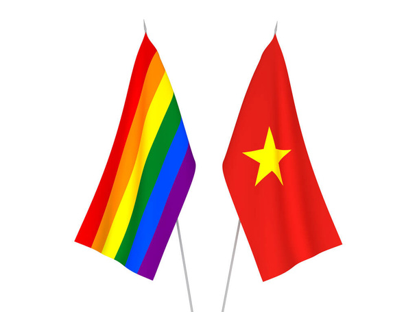 Национальные тканевые флаги Вьетнама и радужная гей-гордость изолированы на белом фоне. Трехмерная иллюстрация. - Фото, изображение