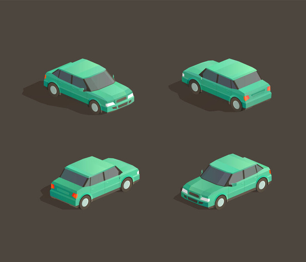 Izometrický roztomilý zelený sedan. Vektorová ilustrace. Nastavit z různých stran - Vektor, obrázek
