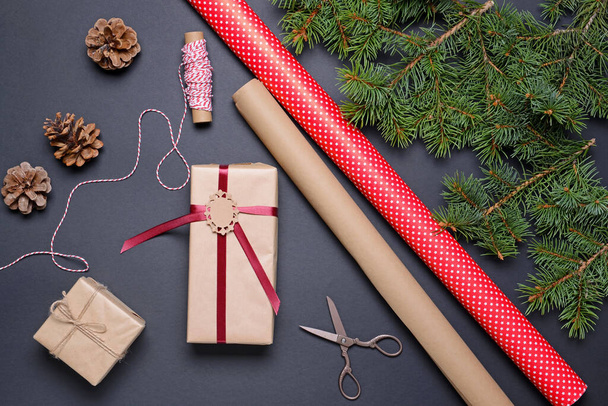 Composition with Christmas gifts on dark background - Photo, Image