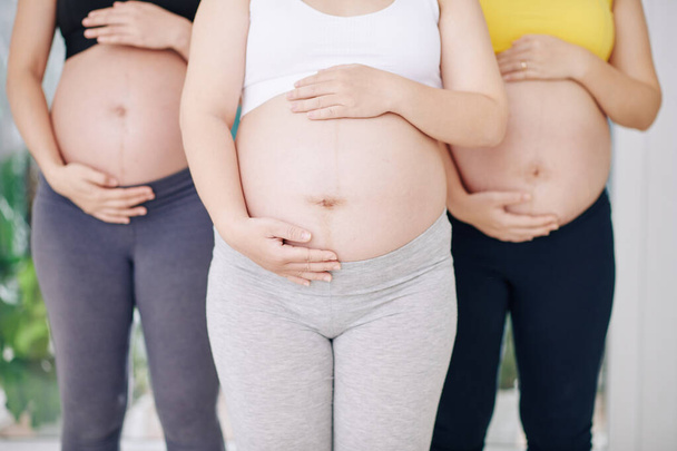 Cropped image of three pregnant young women touching bellies - Photo, Image