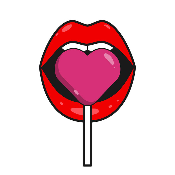 Sexy lips and lollipop. Open female mouth. Vector illustration - Vector, Image