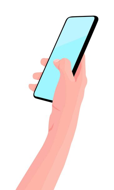 Telemóvel na mão. Mulher detém smartphone preto. Ecrã sensível ao toque do dedo. Copie espaço para o seu texto. Ilustração vetorial, fundo branco - Vetor, Imagem