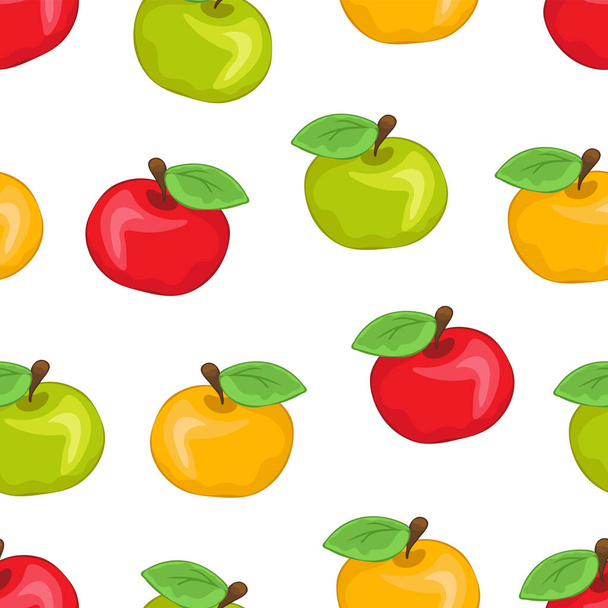 Red, yellow and green painted apples seamless pattern, colorful juicy fruits on white background. For the fabric design, bright prints, cute wallpapers, wrapping, decoration. Vector illustration - 写真・画像