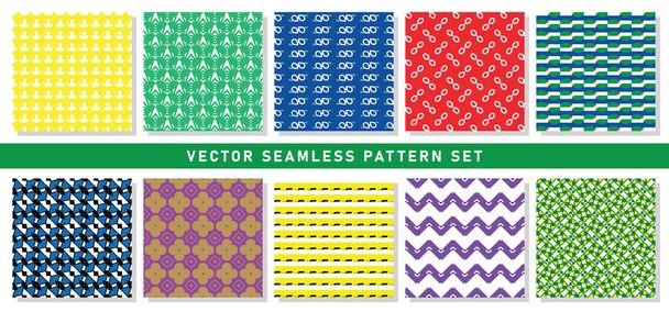 Vector nahtlose Muster Textur Hintergrund Set mit geometrischen Formen in gelb, grün, blau, weiß, rot, schwarz, braun und lila Farben. - Vektor, Bild